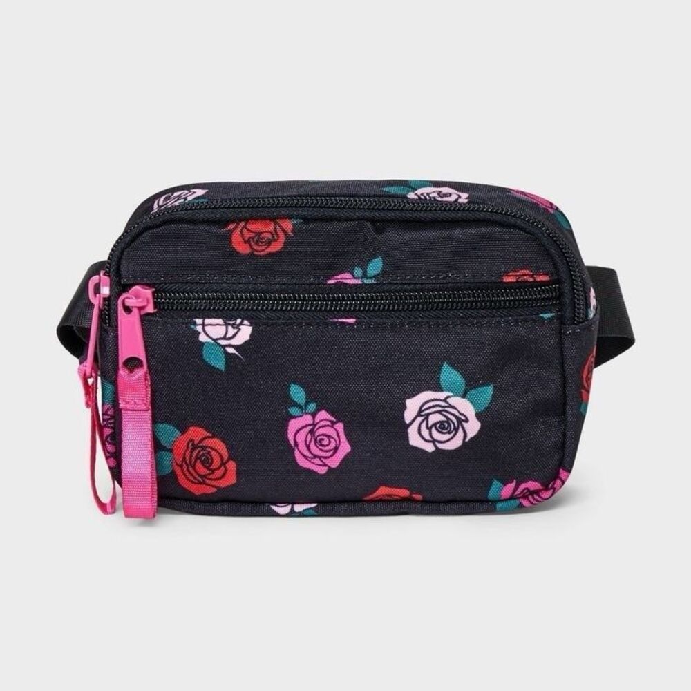 Cat & Jack Floral Fanny Pack Girls One Size Black Rose Print Crossbody Bag‎